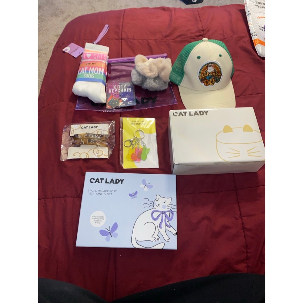 Cat lady bundle key chains socks hat stationary set‎ hair clips